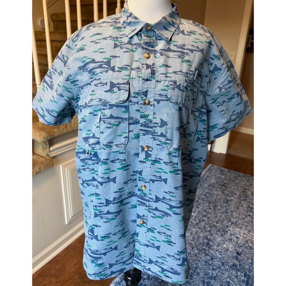 Tallwoods Element Wear Mens Blue Fish Topographic Short Sleeve Fishing Shirt L